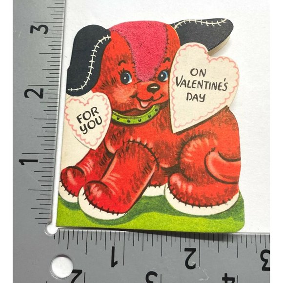 Vintage 1940s Valentine Greeting Card Dog Patchwork Flocked 3 Inch Die Cut - Picture 2 of 5